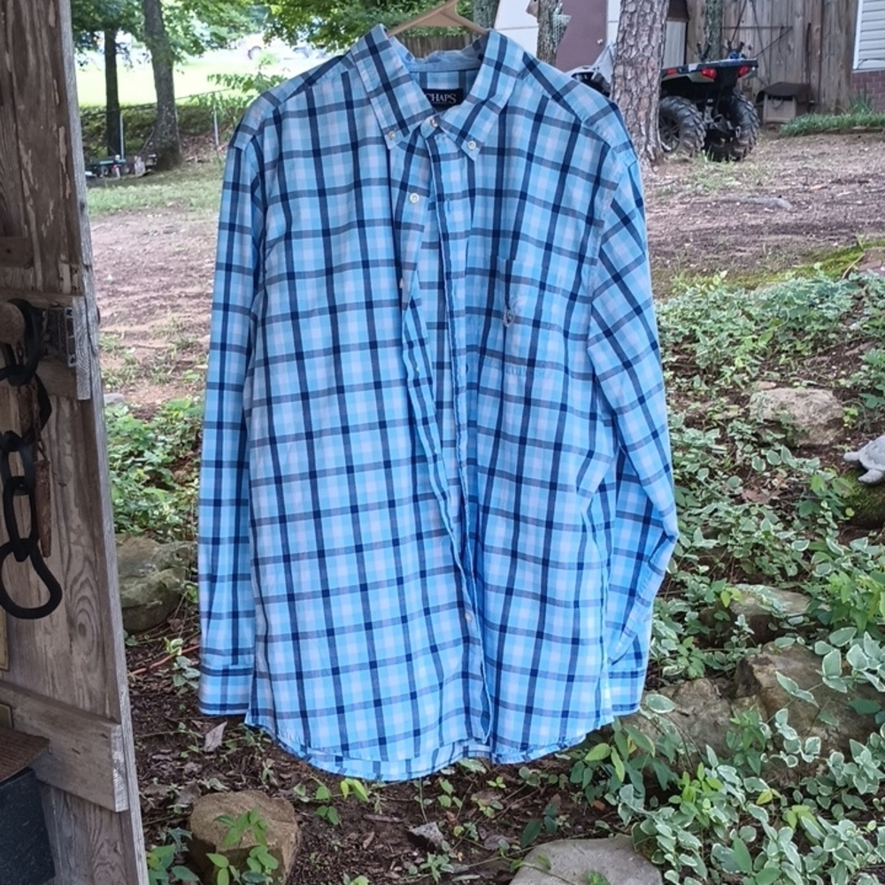 Chaps Light Blue and Navy Plaid Button Down Shirt